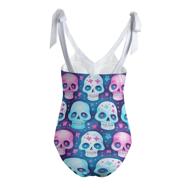 Women's Pink & Blue Skulls Tie Shoulder Onepiece Padded Swimsuit