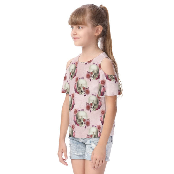 Kid's Pink Skull Floral Cold Shoulder T-shirt With Ruffle Sleeves