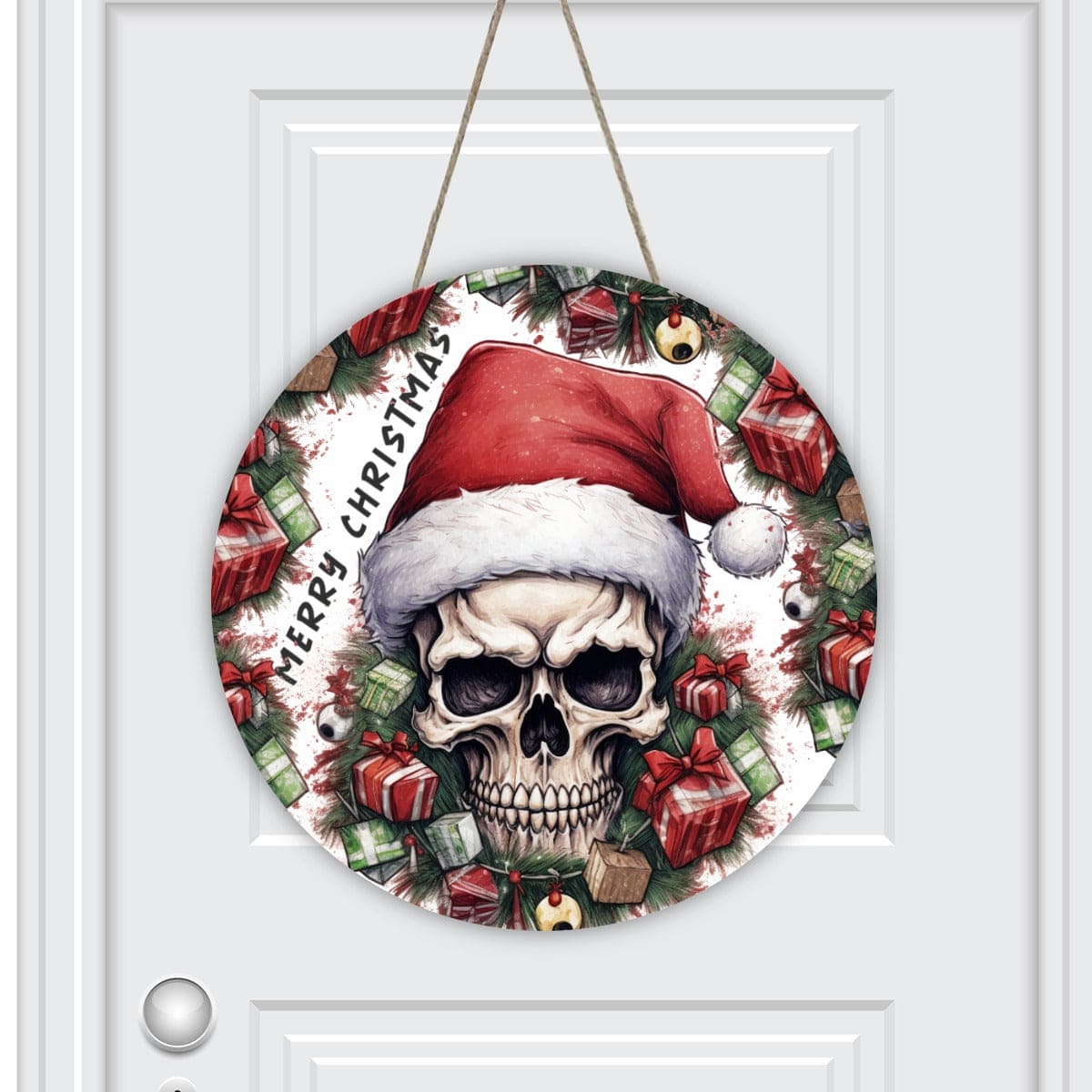 Skull Merry Christmas Round Door Hanger