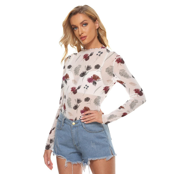 Women's Gothic Red Floral Mesh T-shirt