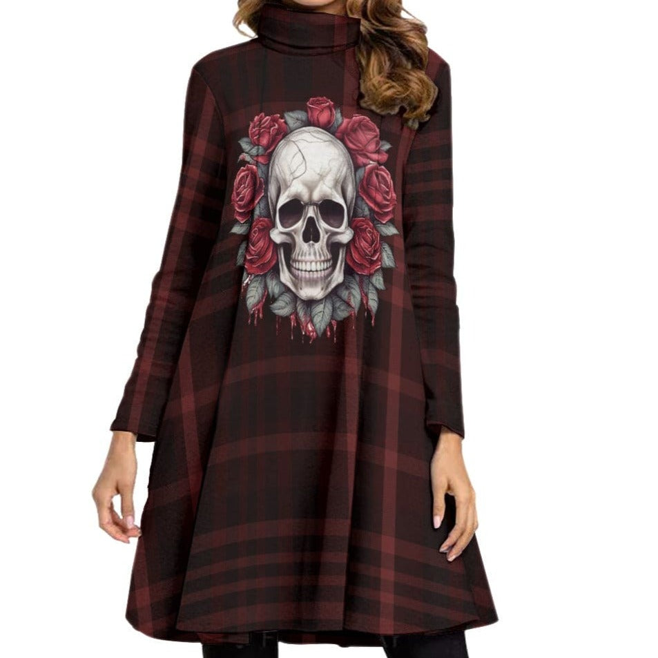 Women's gothic Skull And Roses High Neck Dress With Long Sleeve