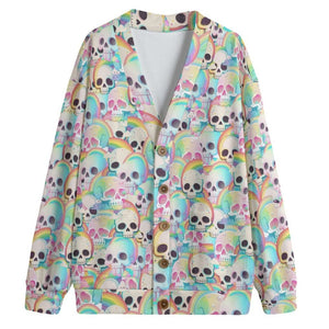 Women's Skulls V-neck Knitted Fleece Cardigan With Button Closure