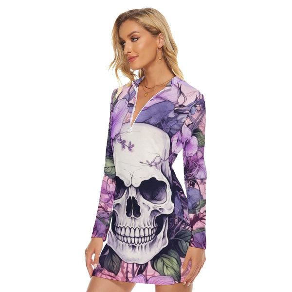 Women's Purple Flower Skull Zip Front Tight Dress