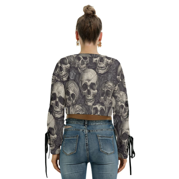Women's Gray Skulls Long Sleeve Cropped Sweatshirt With Lace up