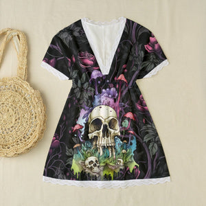 Women's Skull & Mushrooms Lace Edge Sleepwear With Bat Sleeve
