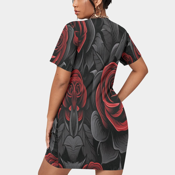 Women’s Gothic Black With Red Rose Short Sleeve Plus Size Dress
