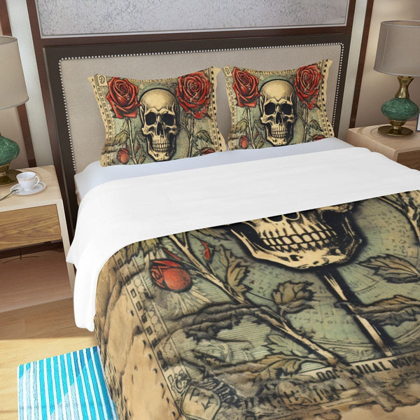 Vintage Skull And Roses Three Piece Duvet Cover Set