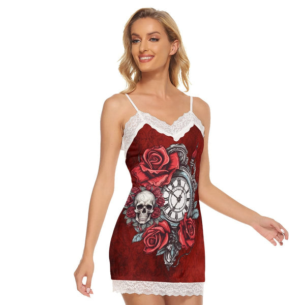 Women's Skull Red Roses Clock Cami Dress With Lace Edge