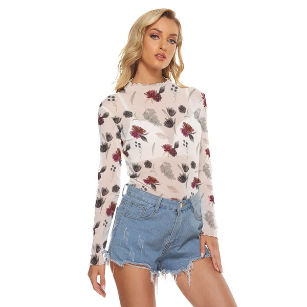 Women's Gothic Red Floral Mesh T-shirt