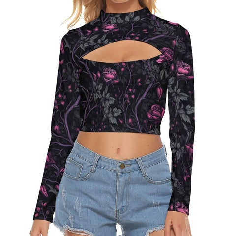 Women's Gothic Pink Roses On Vines Hollow Chest Keyhole Long Sleeve Top