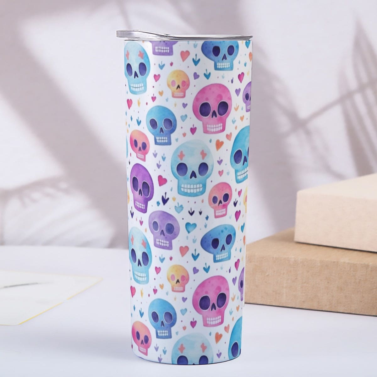 Pink Blue Skulls Skinny Tumbler Stainless Steel with Lids 20OZ