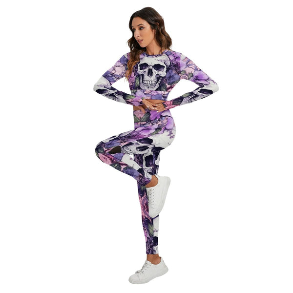 Women's Purple Floral Skulls Yoga Set With Backless Top And Leggings