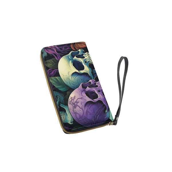Blue Purple Skulls Floral Long Wallet With Black Hand Strap