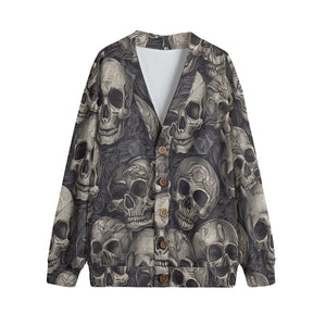 Skulls Print V-neck Knitted Fleece Cardigan With Button Closure