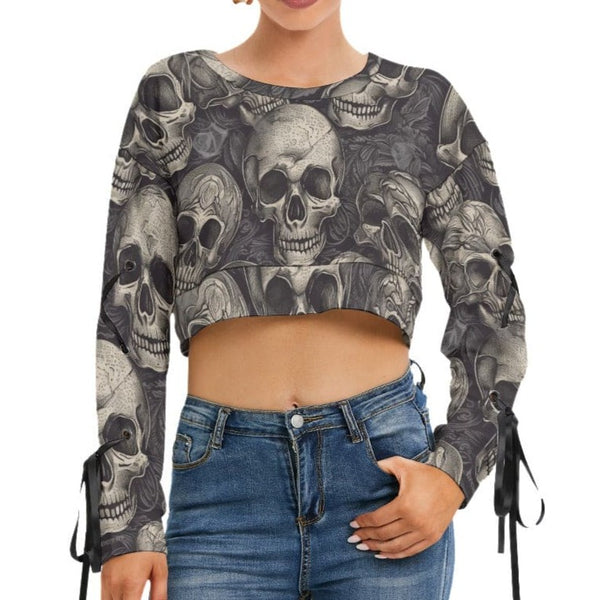 Women's Gray Skulls Long Sleeve Cropped Sweatshirt With Lace up