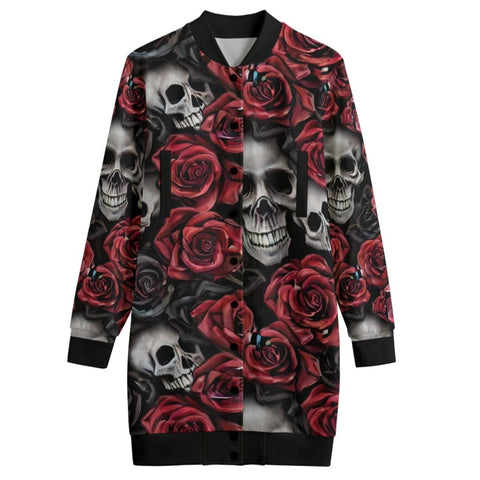 Women's Skulls And Red Roses Long Jacket
