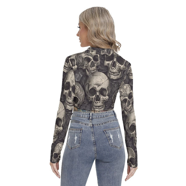 Women's Gray Skulls Blouse With Pleated Placket