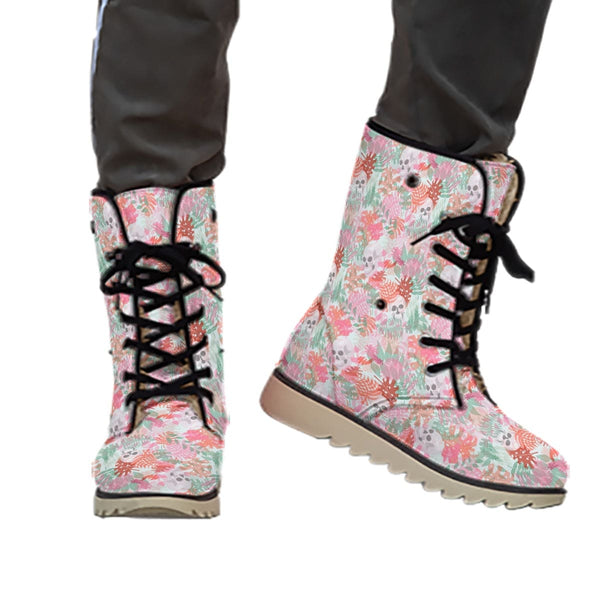 Women's Pink Skulls Floral Plush Boots