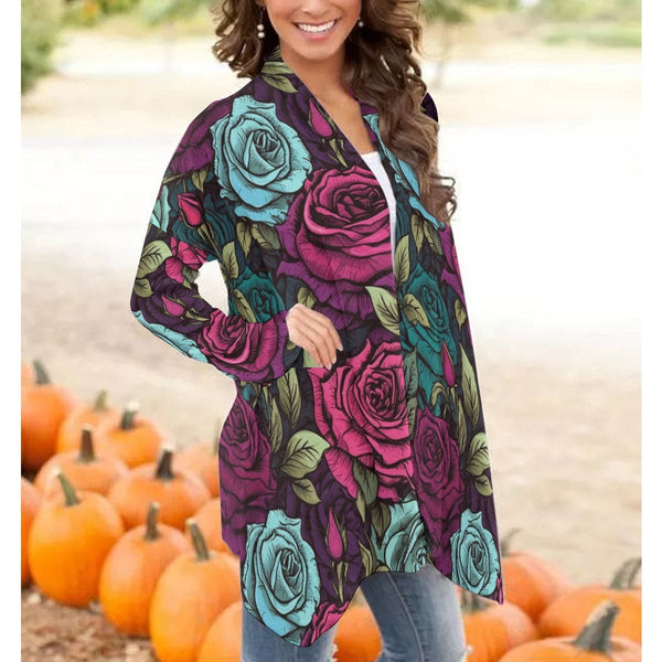 Women's Gothic Pink And Blue Roses Cardigan With Long Sleeve