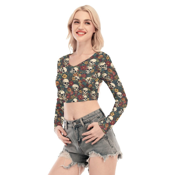 Women's Skull Floral Back Hollow T-shirt With Strap