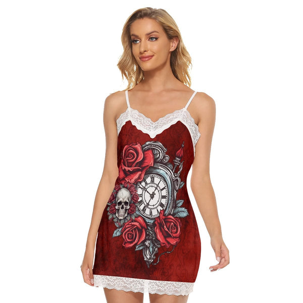 Women's Skull Red Roses Clock Cami Dress With Lace Edge