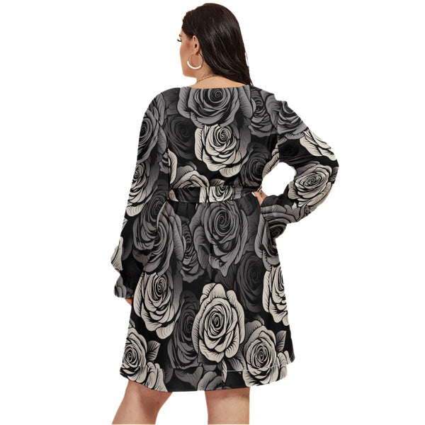 Women's Gothic Black Gray Roses V-neck Dress With Waistband Plus Size