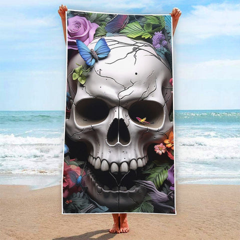 Skull Face With Flowers & Butterfly Rectangular Beach Towel