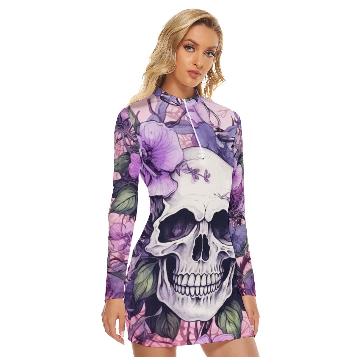 Women's Purple Flower Skull Zip Front Tight Dress XL / White