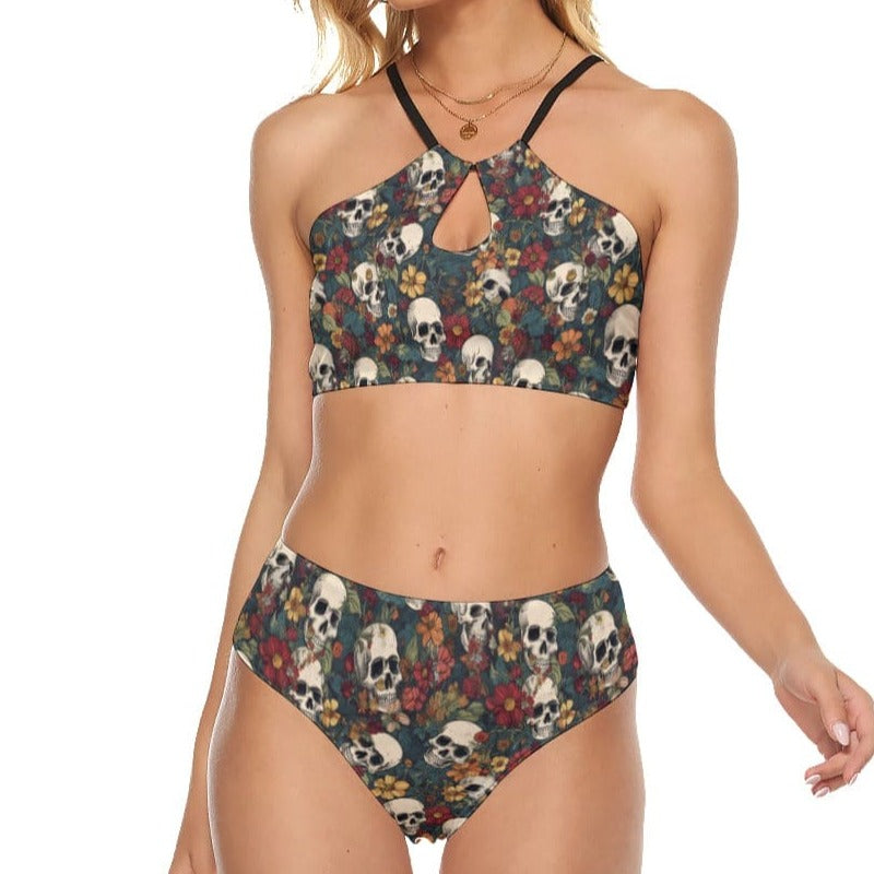 Women's Skulls Brown Floral Cami Keyhole Two Piece Swimsuit