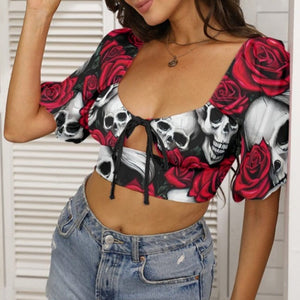 Women's Red Roses Skulls Square Collar Cropped Top With Puff Sleeve