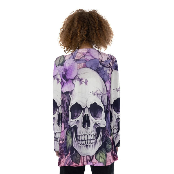 Women's Purple Floral Skull Patch Pocket Cardigan
