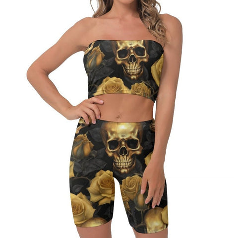 Women's Gold Skull Floral Breast Wrap Top & Shorts Set