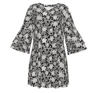 Women's Gothic Floral Black Stacked Ruffle Sleeve Dress