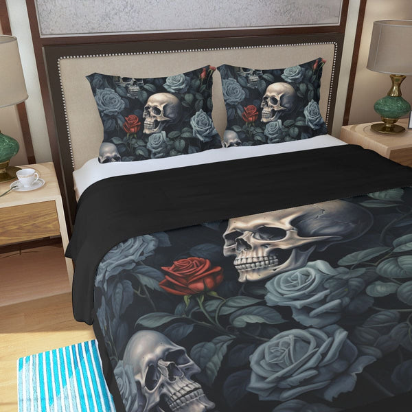 Skull Red Blue Roses 💀🛌 Three Piece Duvet Cover Set