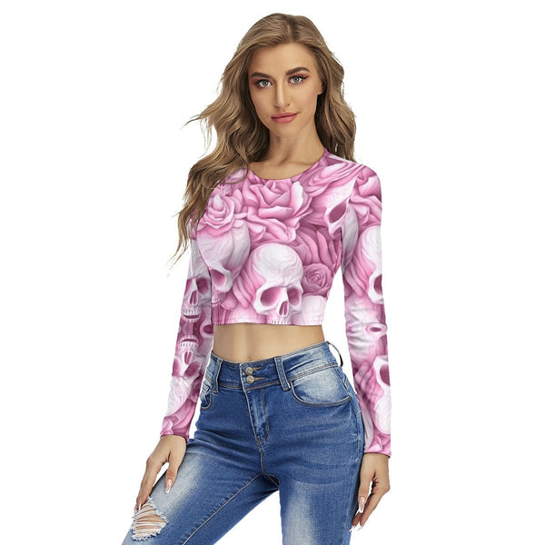 Women's Skulls & Pink Roses Round Neck Crop Top T-Shirt