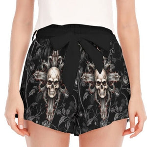 Women's Skull Gothic Cross Tie Waist Shorts