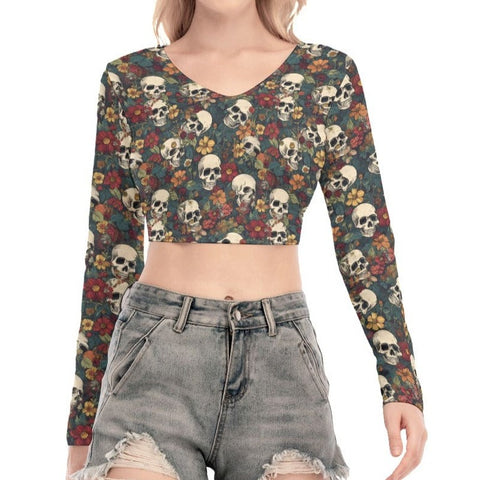 Women's Skull Floral Back Hollow T-shirt With Strap