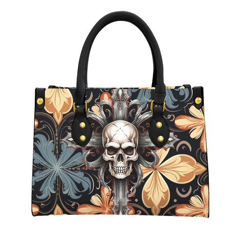 Women's Gothic Floral Skull Cross Tote Bag With Black Handle