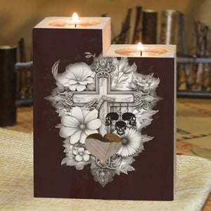 Floral Gothic Cross With Hanging Skulls Heart Shaped Wooden Candlestick Holder