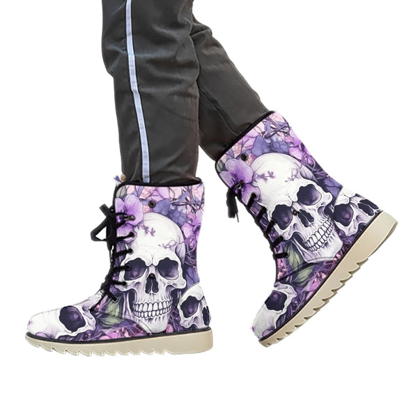 Women's Skulls With Purple Flowers Plush Boots