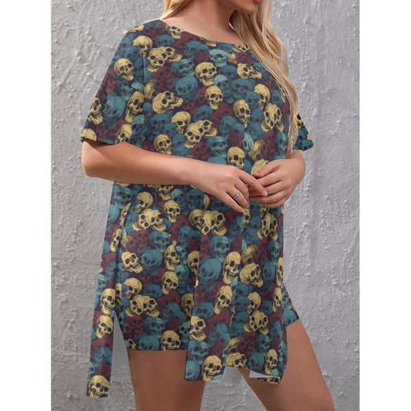 Women's Blue Skulls T-Shirt With Side Split and Shorts Plus Size