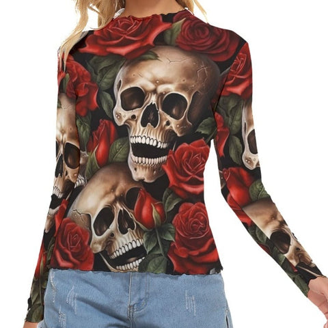 Women's Red Roses And Skulls Mesh T-shirt