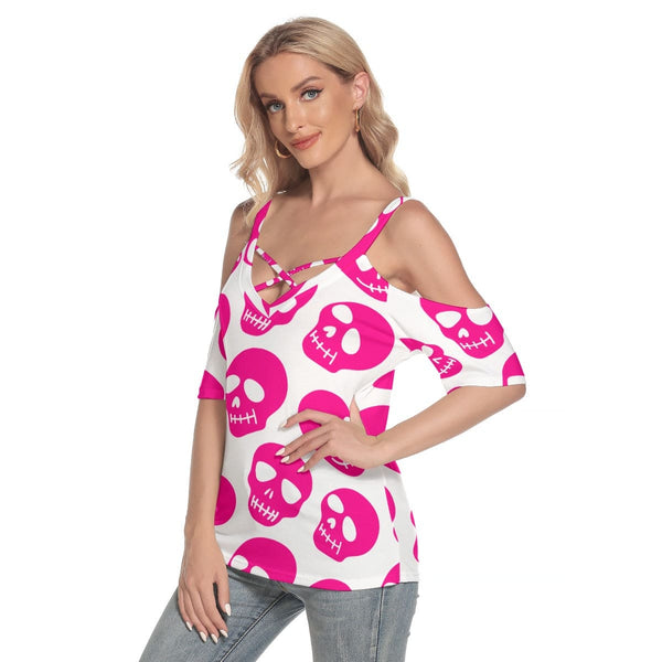Women's Bright Pink Cold Shoulder T-shirt With Criss Cross Strips