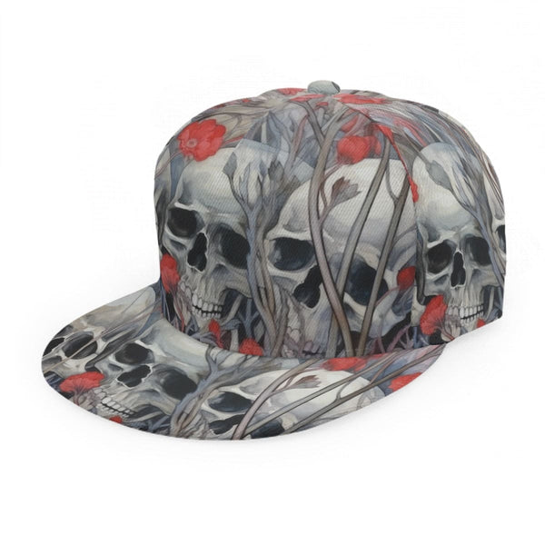 Skulls With Red Flowers In Garden Baseball Cap With Flat Brim