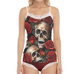 Women's Skulls Red Roses Pajama Set With Lace Edge
