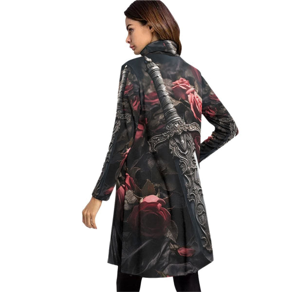 Women's Gothic Sword And Pink Roses High Neck Dress With Long Sleeve