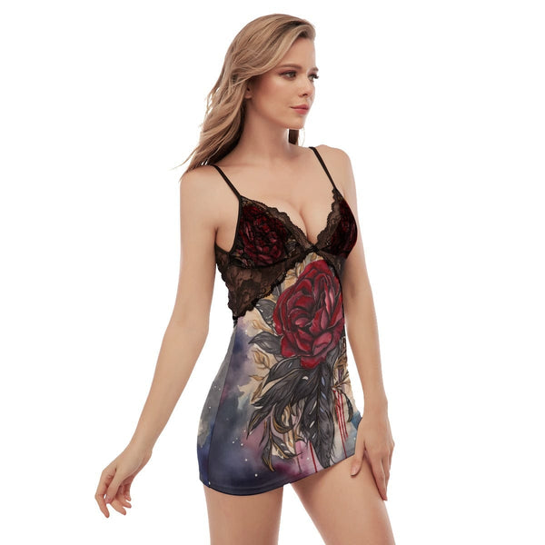 Women's Gothic Red Rose Back Straps Cami Dress With Lace