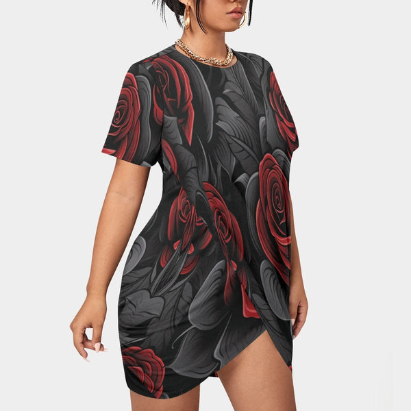 Women’s Gothic Black With Red Rose Short Sleeve Plus Size Dress
