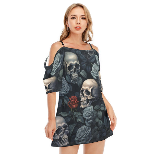 Women's Skulls Blue Flower Red Rose Off-shoulder Cami Dress