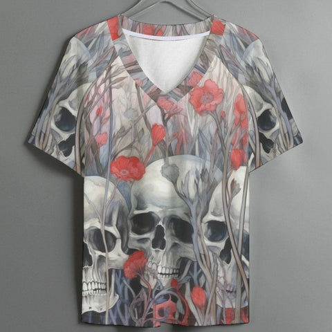 Women's Skull Red Rose Garden V-neck Short Sleeve T-shirt